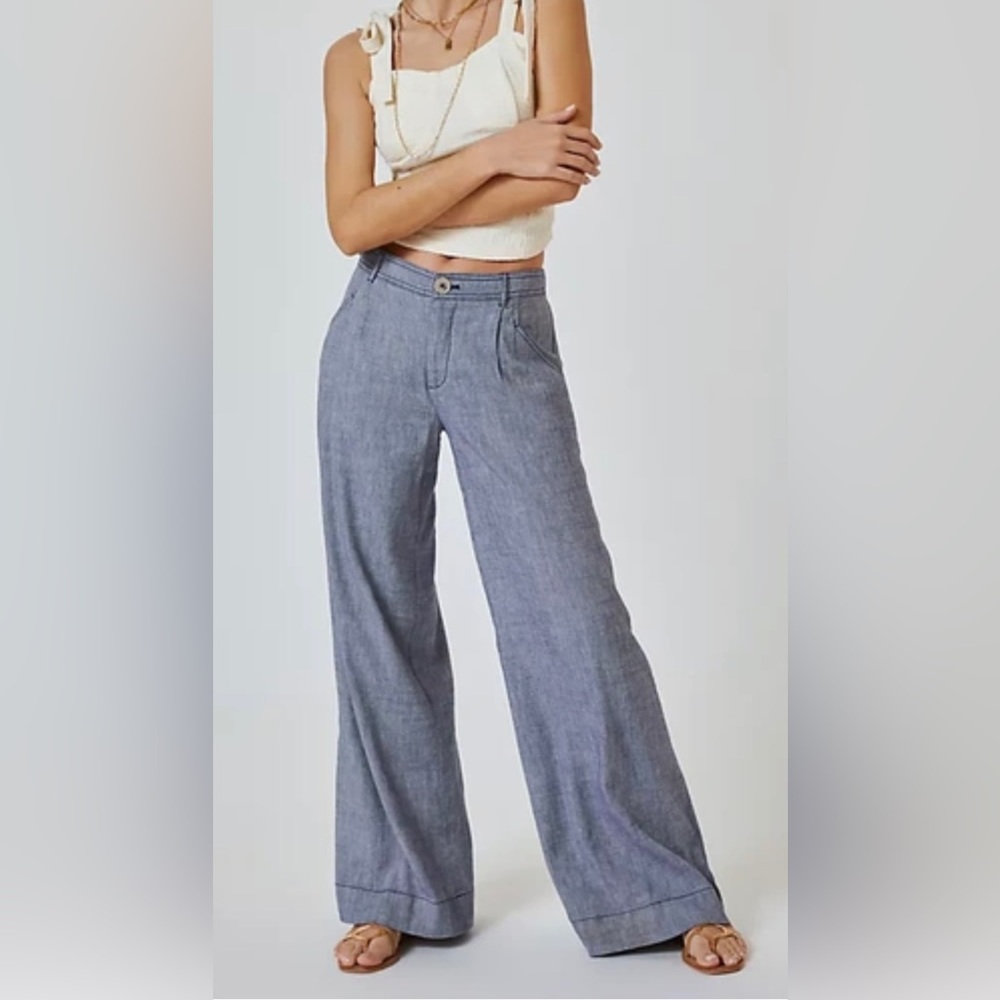 Anthropologie blue linen wide leg pants. US size 6.